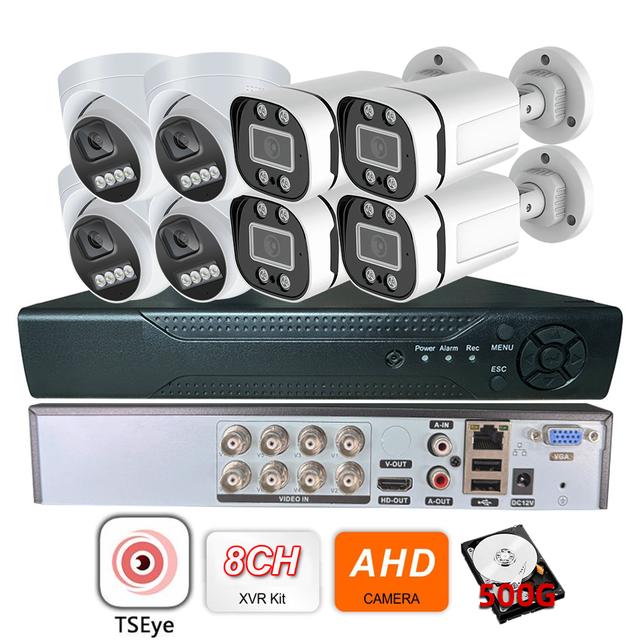 TSEye 8CH 5MP Analog CCTV Camera System AHD XVR Dome Bullet Network Camera for Home Security Full Color Night Vision 500GB HDD