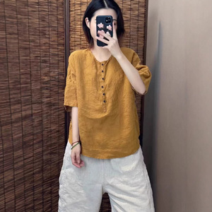 Green Cotton Linen Short Sleeve <b>Blouse</b> Loose Fit Round Neck Women's Shirt Everyday Wear Simple Style Solid Color Top - Product Image 3