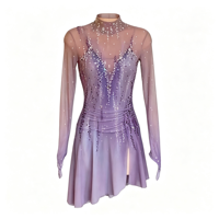 Robe de patinage artistique à col montant et manches longues, ornée de strass et de mailles, pour adultes et enfants, pour compétitions et spectacles
