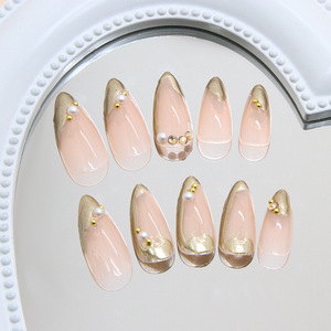 24 Uñas Postizas 3D Doradas, Medianas, Largas, Almendradas, Estilo Armadura, <span class=keywords><strong>con</strong></span> Perlas, Uñas a Presión - Product Image 4