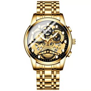 Montre à quartz de luxe pour homme – Cadran squelette doré, étanche, lumineuse, bracelet en acier inoxydable - Product Image 1