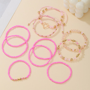 Heart Shaped <b>Beaded</b> <b>Bracelet</b> Set Pink 10 Piece Women's Jewelry Gift - Product Image 2