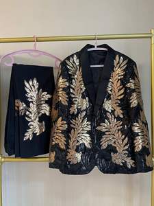 HD294ストックリアルテルノMasculinoシャイニースパンコールグリーンアップリケスーツメンズウエディングタキシード花婿セット2ピース (ブレザーパンツ) - Product Image 4