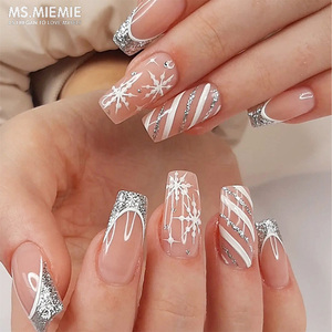 Sra. Miemie 24 piezas polvo brillante borde francés copo de nieve con patrón de rejilla blanca parche de uñas desmontable - Product Image 1