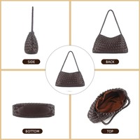 Tas Tote Wanita Kulit Asli Anyaman, Bukaan Terbuka, Portabel, Tas Tangan Fashion Kecil, Lapisan Poliester, Kapasitas 1-1.9L