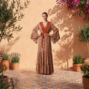 Robe longue maxi en coton de qualité supérieure, couleur personnalisée, coupe trapèze, col en V, manches classiques, taille basse, écologique, pour soirée, vente en gros - Product Image 2