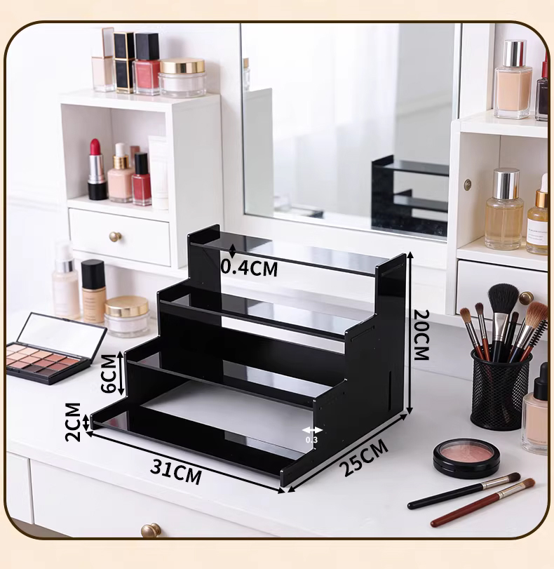 Expositor de perfumes negro de 4 niveles.