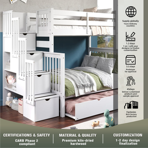 Kinder treppe Voll-über-volle Etagen betten Twin Size <span class=keywords><strong>Trundle</strong></span> Kinder Holz Etagen bett - Product Image 4