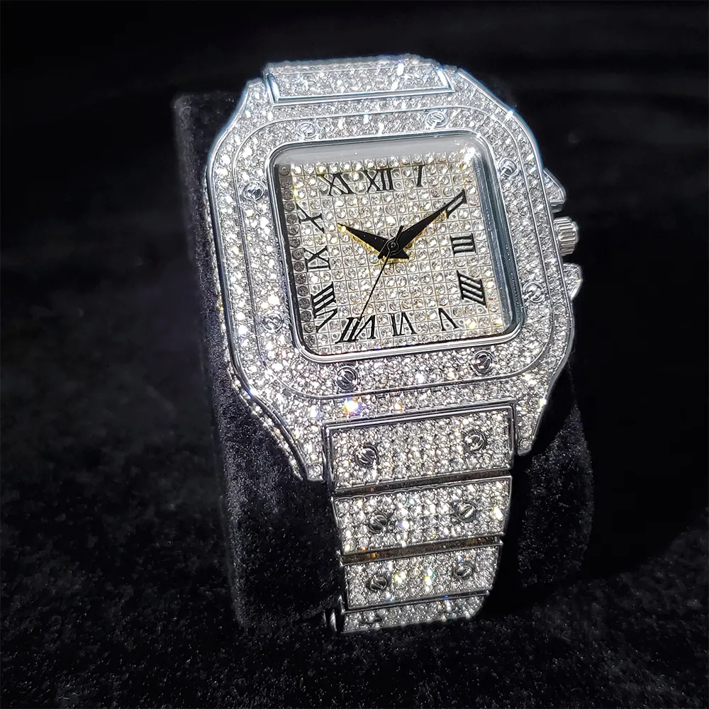 Luxury Fashion silver rose gold Roman number high quality hip hop full diamond square men's iced out Quartz Watch