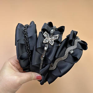 Serre-tête plissé en satin français avec strass pour femme, noir, élégant, accessoire de coiffure - Product Image 1