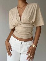 Blouse d'été personnalisable pour femme, coupe ajustée, manches chauve-souris, design tendance, débardeur court froncé à col en V torsadé sur le devant