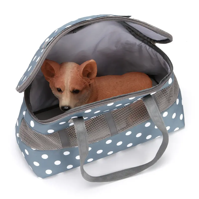 dot print portable collapsible polyester pet handbag night outdoor safety zipper lock dog cat bag carrier with reflective stripe