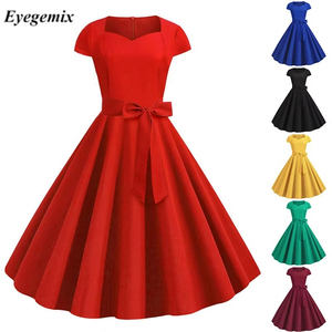เดรสวินเทจสไตล์ยุค 50s 60s สำหรับผู้หญิง คอเหลี่ยม แขนสั้น สีพื้น เรียบหรู เหมาะสำหรับงานปาร์ตี้หรือใส่ทำงาน - Product Image 1