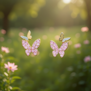 Gold Plated <b>Butterfly</b> Stud Earrings With Pink Crystal Rhinestones For Women Cute Everyday Wear Jewelry Zinc Alloy Bezel Setting - Product Image 2