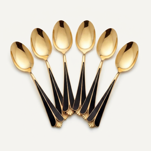 Gold Plated <b>Tea</b> Spoons <b>Set</b> Mirror Gold Finish With Black Enamel Tapered Art Deco Handle Luxury Design For Wedding And Restaurant - Product Image 1