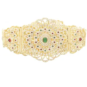 摩洛哥风格精致钻石金带与镂空花卉水晶长袖腰带链女士金属腰带