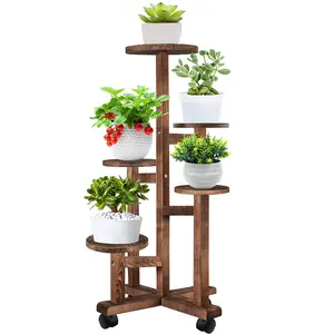 Modern multi tier mobile tall flower pot display rack balcony wood plant hanger stand