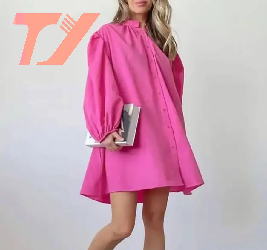 TUOYI Primavera Outono Nova Grande Silhueta Algodão Rosa Vestidos Voltar Lace-up Manga Longa Oversized Camisa Vestido