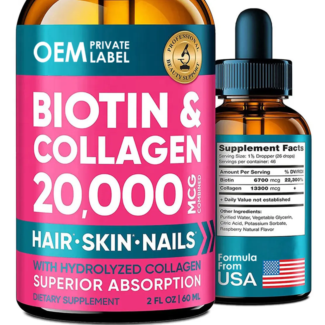 OEM biotina integratore di collagene gocce per la crescita dei capelli vitamina biotina 2000mg unghie forti e pelle sana biotina collagene gocce
