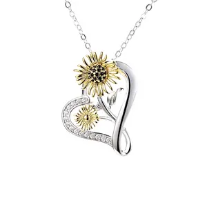 Sıcak satış güzel takı 925 ayar gümüş kalp ayçiçeği kolye 18K altın kaplama siyah Moissanite elmas kolye kadınlar için