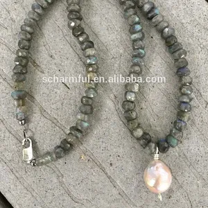 NS2019824 Roundel Labradorite Beaded Choker Necklace With Baroque Pearl Charm Pendant