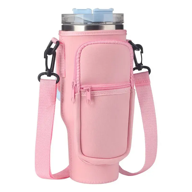 Adjustable strap neoprene 40oz water bottle carrier sleeve purse tumbler cup holder sling bag with front zipper pocket
