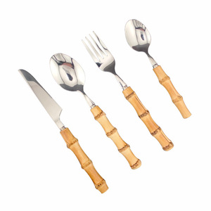 Juego de cubiertos de acero inoxidable con mangos de bambú, cuchillo, tenedor y cuchara, cubiertos occidentales para picnic y comedor. - Product Image 2