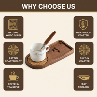 Plateau de service en bois d'acacia avec sous-verre en rotin, plateau à café et thé en bois naturel pour la maison, la cuisine, la table, cadeau, livraison directe