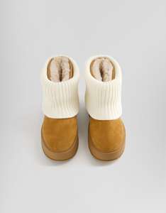 Stivaletti da Donna alla Caviglia in Camoscio Color Cuoio Direttamente dalla Fabbrica con Polsino in Maglia Bianco Fodera in Pelliccia Sintetica Plateau Chiusura Slip-On Autunnali Logo Personalizzato Ingrosso - Product Image 3