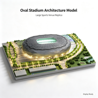 Maquette d'architecture de stade ovale de grande taille avec toit en diamant foncé, ouverture centrale verte, structure annulaire, éclairage