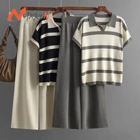 Ensemble deux pièces décontracté à rayures assorties, col polo, haut en maille à manches courtes, couleur unie, pantalon ample à jambes larges