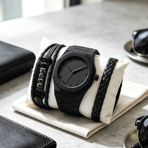Conjunto de Reloj de Lujo para Hombre <span class=keywords><strong>en</strong></span> Negro Stealth, 3 Piezas, Esfera con Números Árabes, Reloj de Cuarzo de Plástico con Correa de Cuero Trenzado, Regalo - Product Image 5
