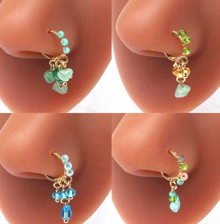 Gaby nouveau cristal santé nez piercing acier inoxydable pierre naturelle nez anneaux avec nez anneau en vrac gros piercing bijoux