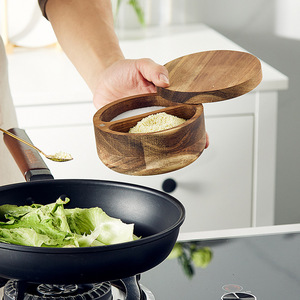 Acacia Wood Salt Cellar 2in1 Spice Jar Seasonings Storage Box Case Swivel Cover <strong>Kitchen</strong> Home Table Salts <strong>Herbs</strong> Pepper <strong>Container</strong> - Product Image 2