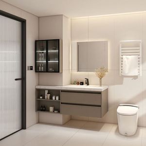 Ensemble de meuble-lavabo de salle de bain LED haut de gamme avec armoire de rangement, design imperméable, matériau mélamine en blanc/noir pour hôtels et appartements - Product Image 4
