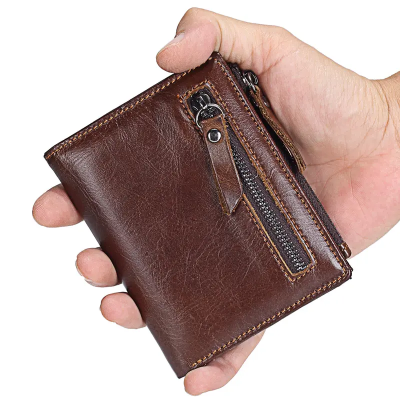 Genuine Cow Leather Men Wallet Top Layer Cowhide Buckle Zipper Purse Retro Men Card Holder Wallet