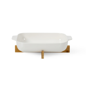 Plat à four en céramique blanche grande capacité avec doubles poignées et support en <span class=keywords><strong>bois</strong></span> isolant thermiquement pour service du four au plat - Product Image 3