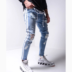 Pantalones Vaqueros Ajustados de Mezclilla Desgastada Azul con Cierre de Cremallera en el Tobillo y Raya Lateral Blanca para <span class=keywords><strong>Hombre</strong></span>, de Alta Calidad al por Mayor - Product Image 6