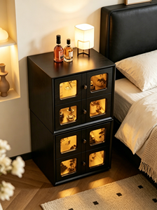 Modern Black Stackable Cabinet with Glass Doors and Internal Lighting for Entryway <b>Storage</b> - Product Image 3