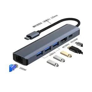 适用于Macbook C型至USB 3.0 1000Mbps以太网PD充电平板电脑的多6合1集线器扩展坞