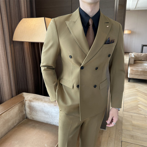 <span class=keywords><strong>Traje</strong></span> de hombre vintage marrón café de doble botonadura, conjunto de 3 piezas para negocios, corte británico ajustado, talla grande, blazer formal para novio de boda - Product Image 3