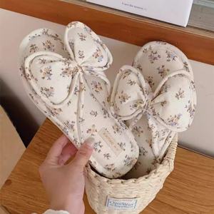 Chaussons pour filles XIXITIAO à nœud floral avec dessus <span class=keywords><strong>en</strong></span> coton et lin et semelle <span class=keywords><strong>en</strong></span> PVC, antidérapants pour toutes les saisons, <span class=keywords><strong>chaussures</strong></span> d'intérieur douces pour la maison - Product Image 2