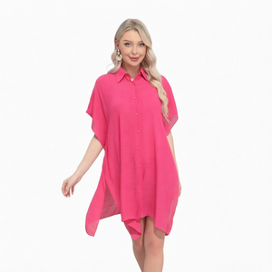 Robe de plage pour femme, col en V, mini-robe en polyester tissé, manches courtes, coupe ample, couleur unie, pour bikini - Product Image 1