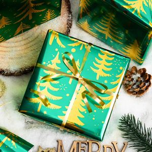 MAYPLUSS Vintage Green Christmas Wrapping Paper Roll 17 Inch X 33 Feet Metallic Gold Tree Pattern Holiday Gift <b>Wrap</b> - Product Image 5