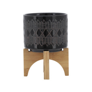 Vaso in ceramica moderno con supporto in bambù per uso interno ed esterno, vaso decorativo rotondo per piante - Product Image 2
