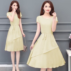 Summer Korean Style Solid Color A-line Dress Women Mid Length O Neck Patchwork Casual Daily Wear - Product Image 1