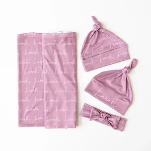 Conjunto de cobertor de bebê com nome personalizado, cobertor com nó para bebês recém-nascidos, chapéu ou bandana com nome, cobertor rosa para meninas, presente para hospital