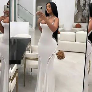 Bomblook C320DS Solid Elegant Low Cut Summer Hollow Out Dress Bodycon Sexy Maxi Dress For Women Long Mermaid Dresses 2024