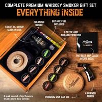 Kit de Ahumador para Cócteles de Whisky - Virutas de Madera de Roble Premium de EE. UU., Sirope Old Fashioned, 8 Sabores, Combustible de Butano, Caja de Regalo de Madera