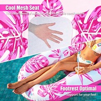 Chaise flottante gonflable d'été avec siège en maille, appui-tête, 2 porte-gobelets, imprimé feuilles tropicales, transat flottant pour piscine pour adulte